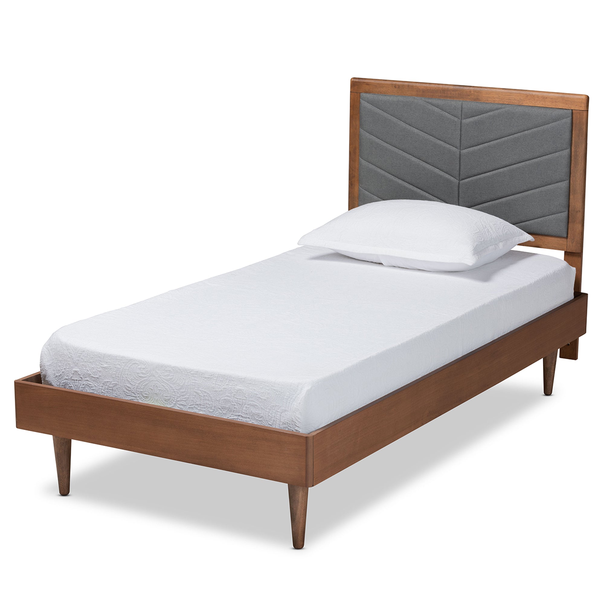 Tasha Mid-Century Modern Dark Grey Fabric Upholstered and Walnut brown Finished Wood Twin Size Platform Bed