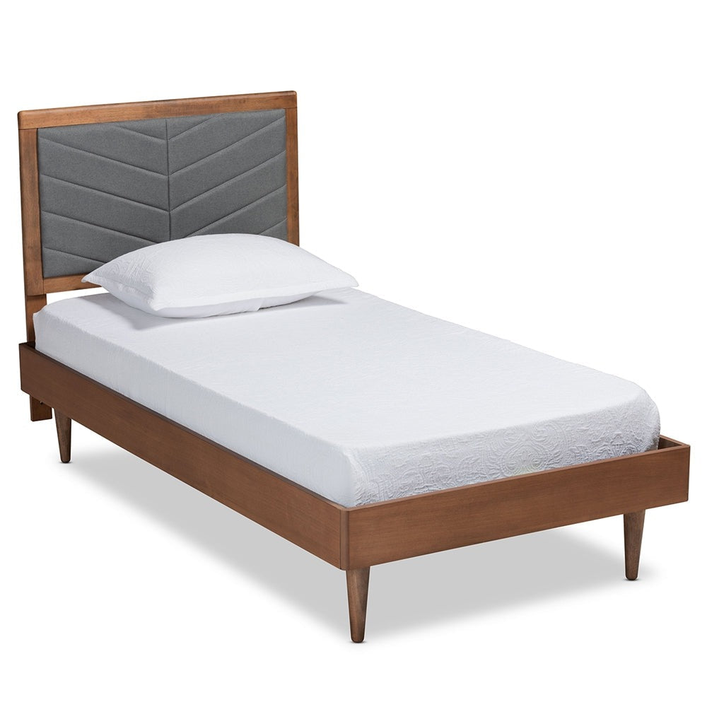 Tasha Light Grey Fabric And Walnut Brown Finished Wood Twin Size Bed
