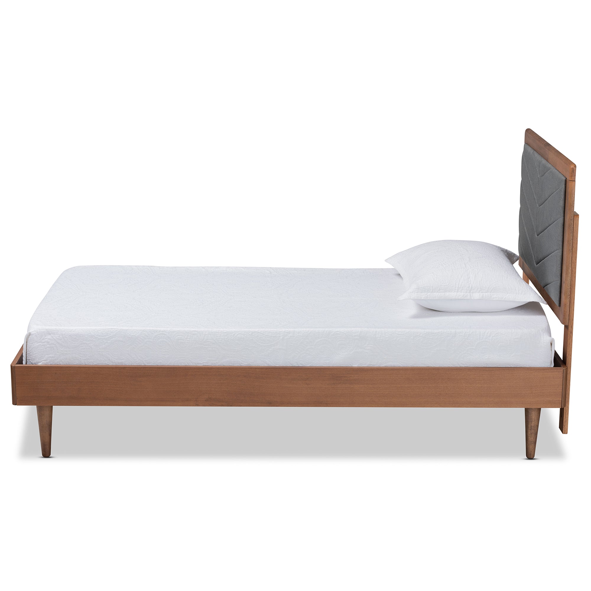 Tasha Mid-Century Modern Dark Grey Fabric Upholstered and Walnut brown Finished Wood Twin Size Platform Bed