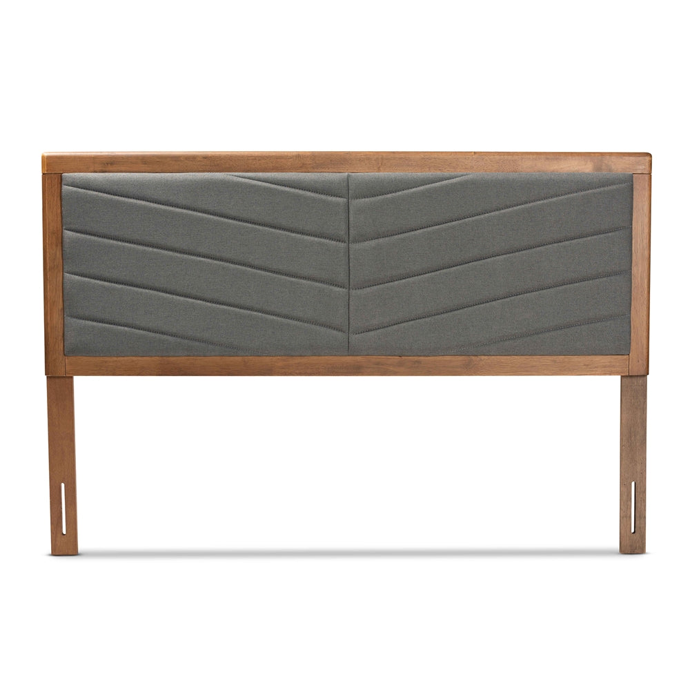 Iden Modern and Contemporary Dark Grey Fabric Upholstered and Walnut Brown Finished Wood Queen Size Headboard