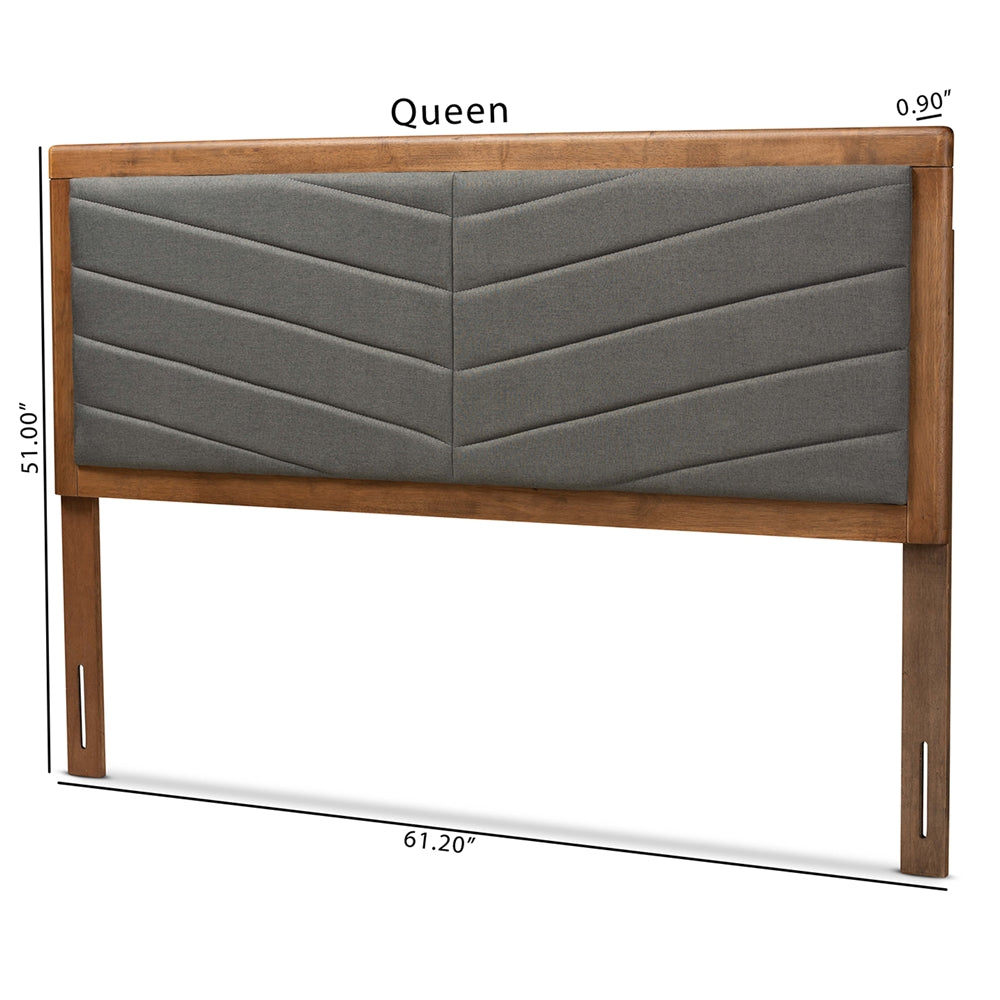 Iden Modern and Contemporary Dark Grey Fabric Upholstered and Walnut Brown Finished Wood Queen Size Headboard