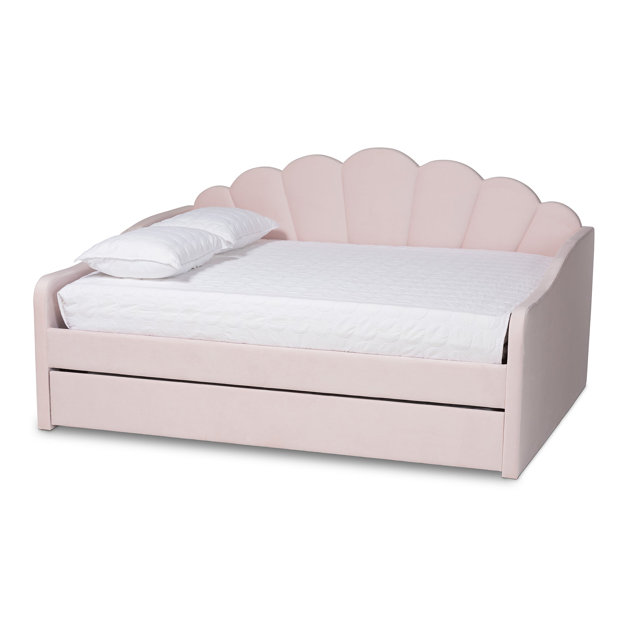 Baxton Studio Timila Modern and Contemporary Light Pink Velvet Fabric Upholstered Queen Size Daybed with Trundle