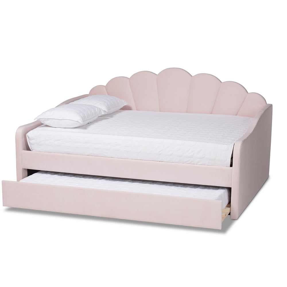 Timila Modern and Contemporary Light Pink Velvet Fabric Upholstered Queen Size Daybed with Trundle
