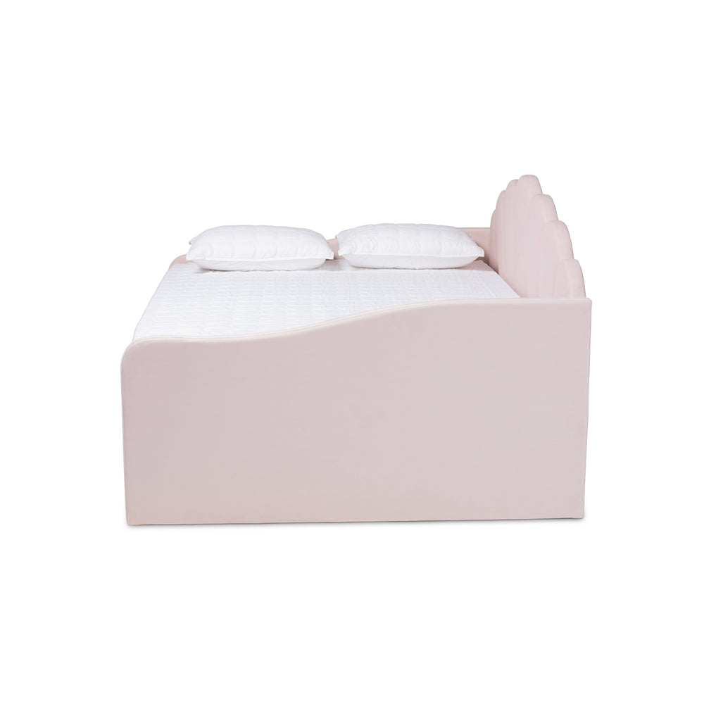 Timila Modern and Contemporary Light Pink Velvet Fabric Upholstered Queen Size Daybed with Trundle