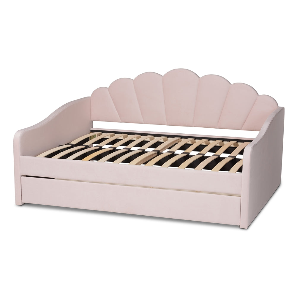 Timila Modern and Contemporary Light Pink Velvet Fabric Upholstered Queen Size Daybed with Trundle