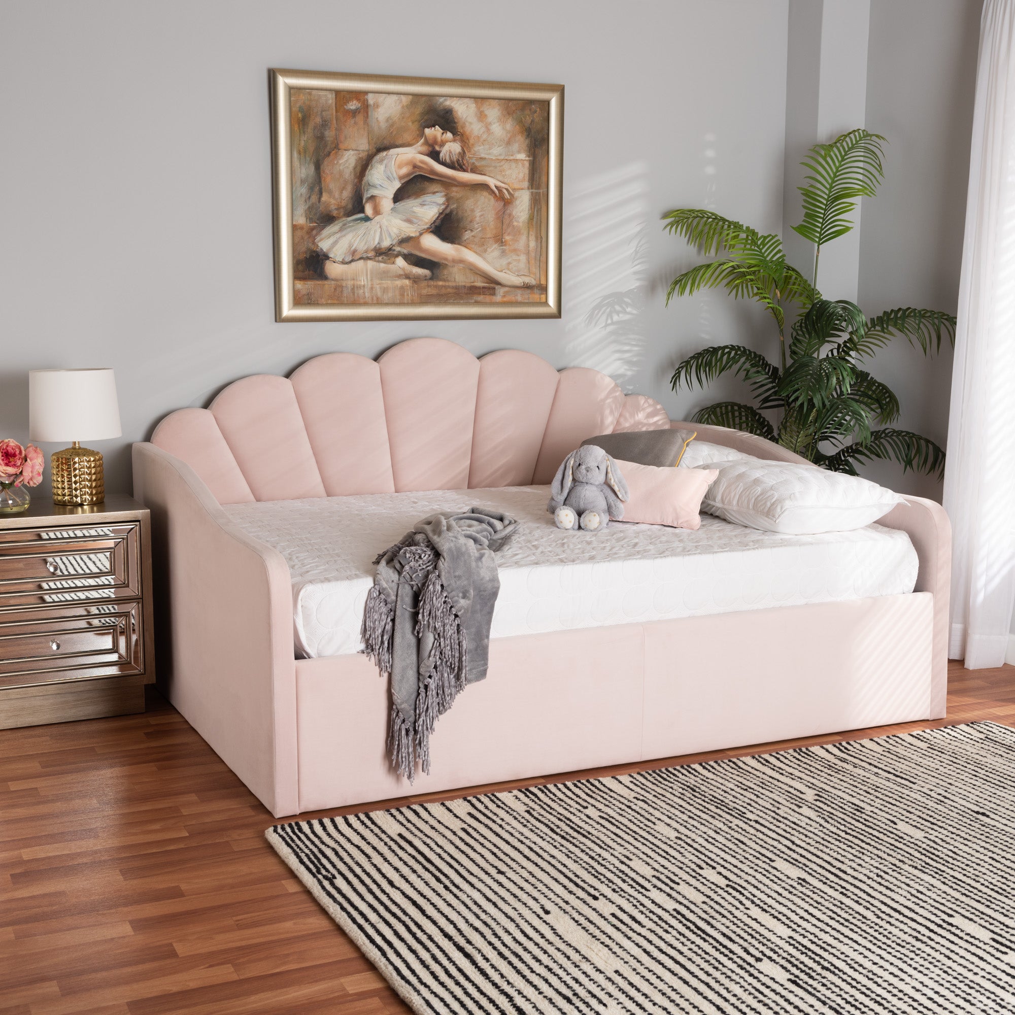 Timila Modern and Contemporary Light Pink Velvet Fabric Upholstered Queen Size Daybed