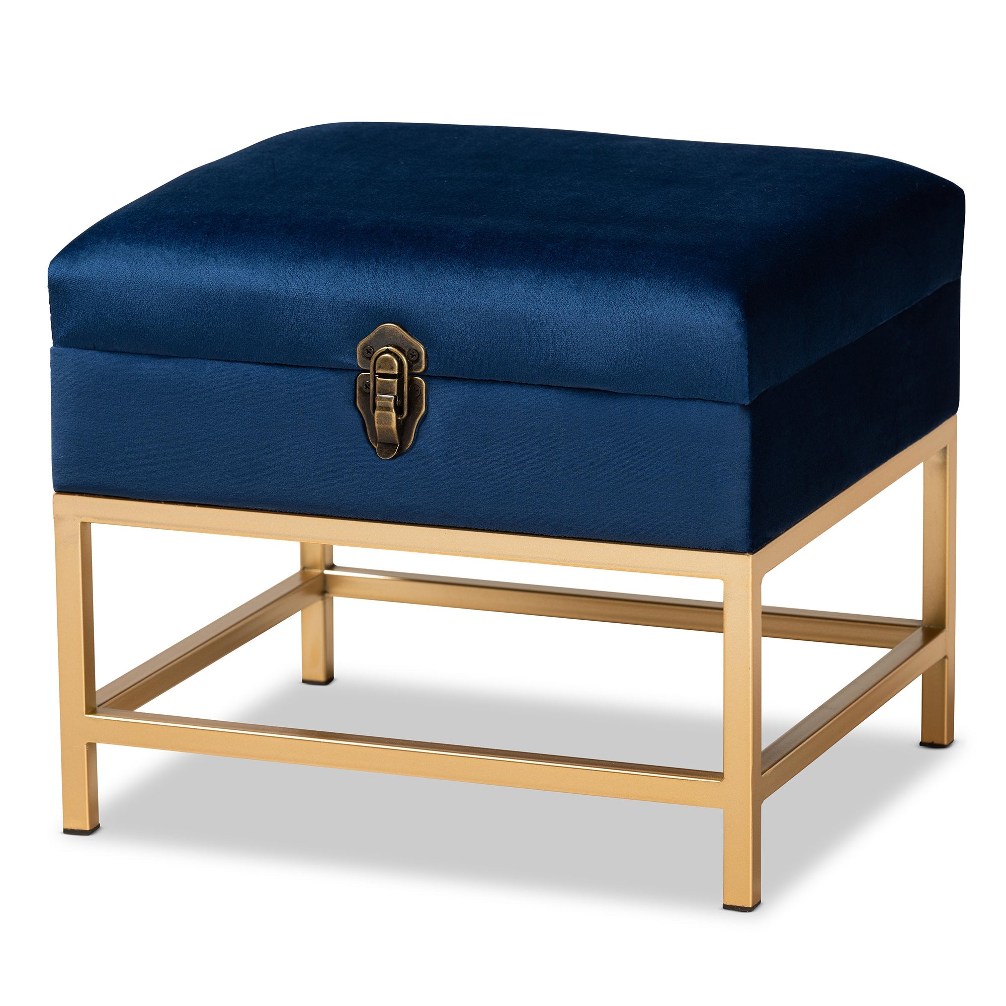 Aliana and Navy Blue Velvet Fabric Upholstered and Gold Finished Metal Small Storage Ottoman