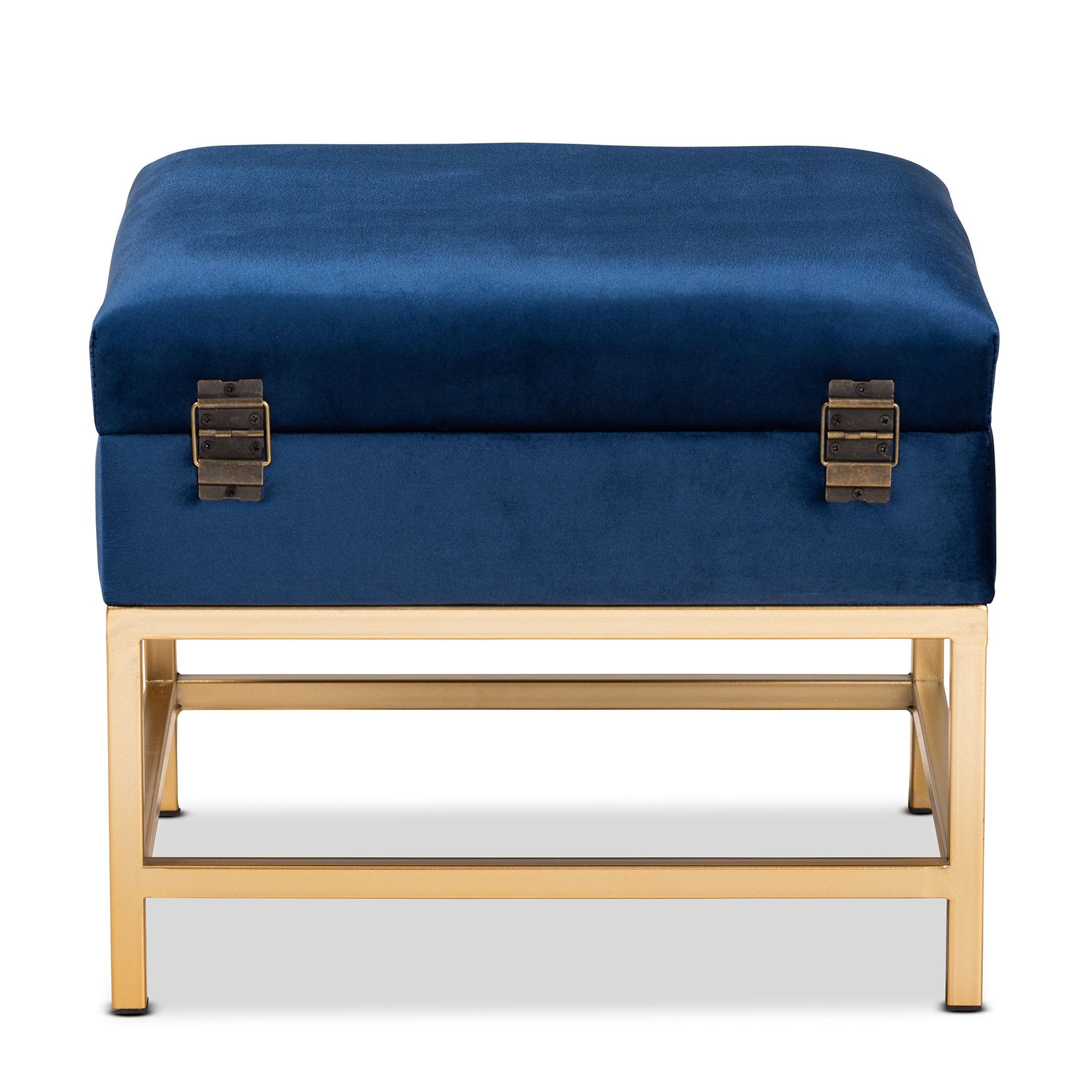 Aliana and Navy Blue Velvet Fabric Upholstered and Gold Finished Metal Small Storage Ottoman