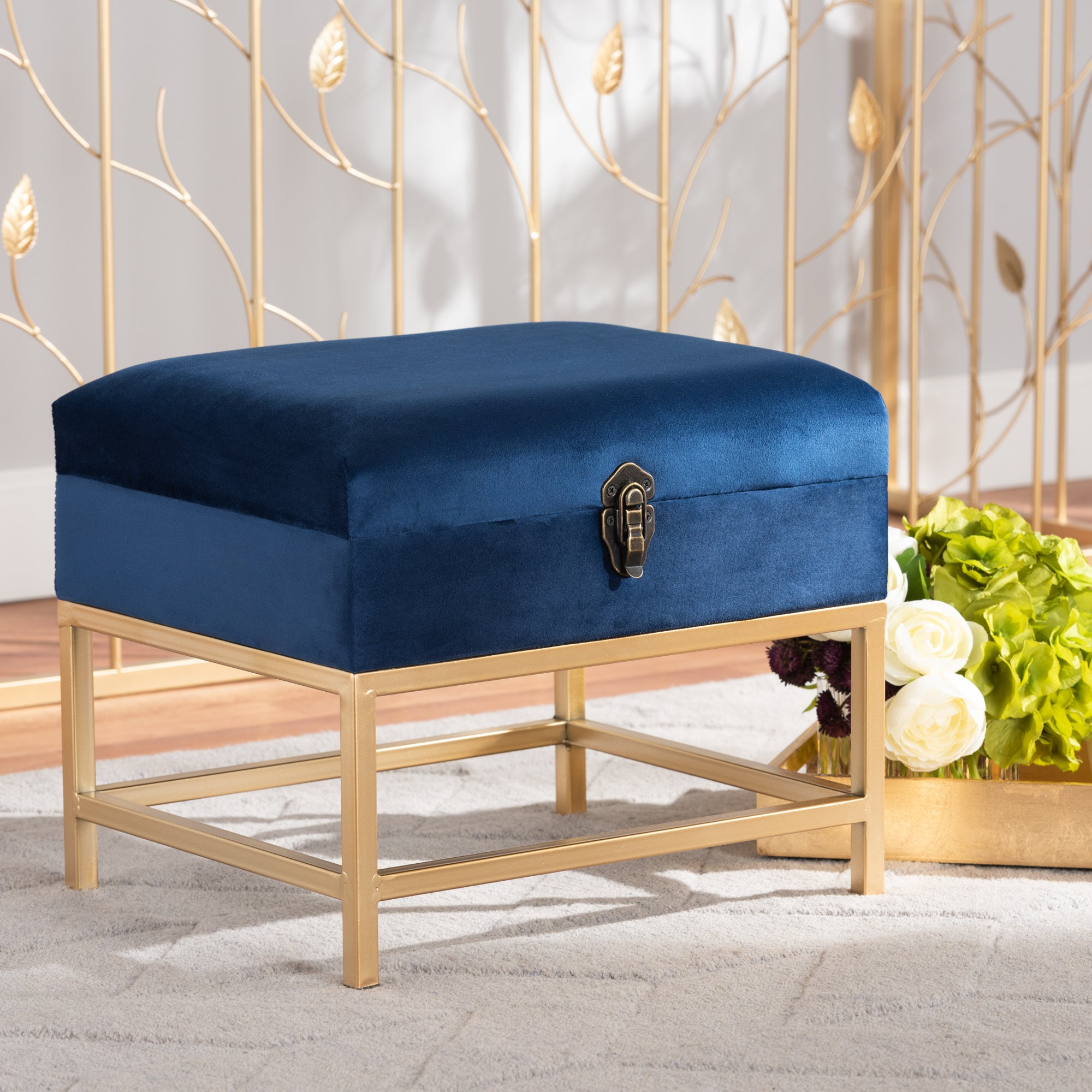 Aliana and Navy Blue Velvet Fabric Upholstered and Gold Finished Metal Small Storage Ottoman