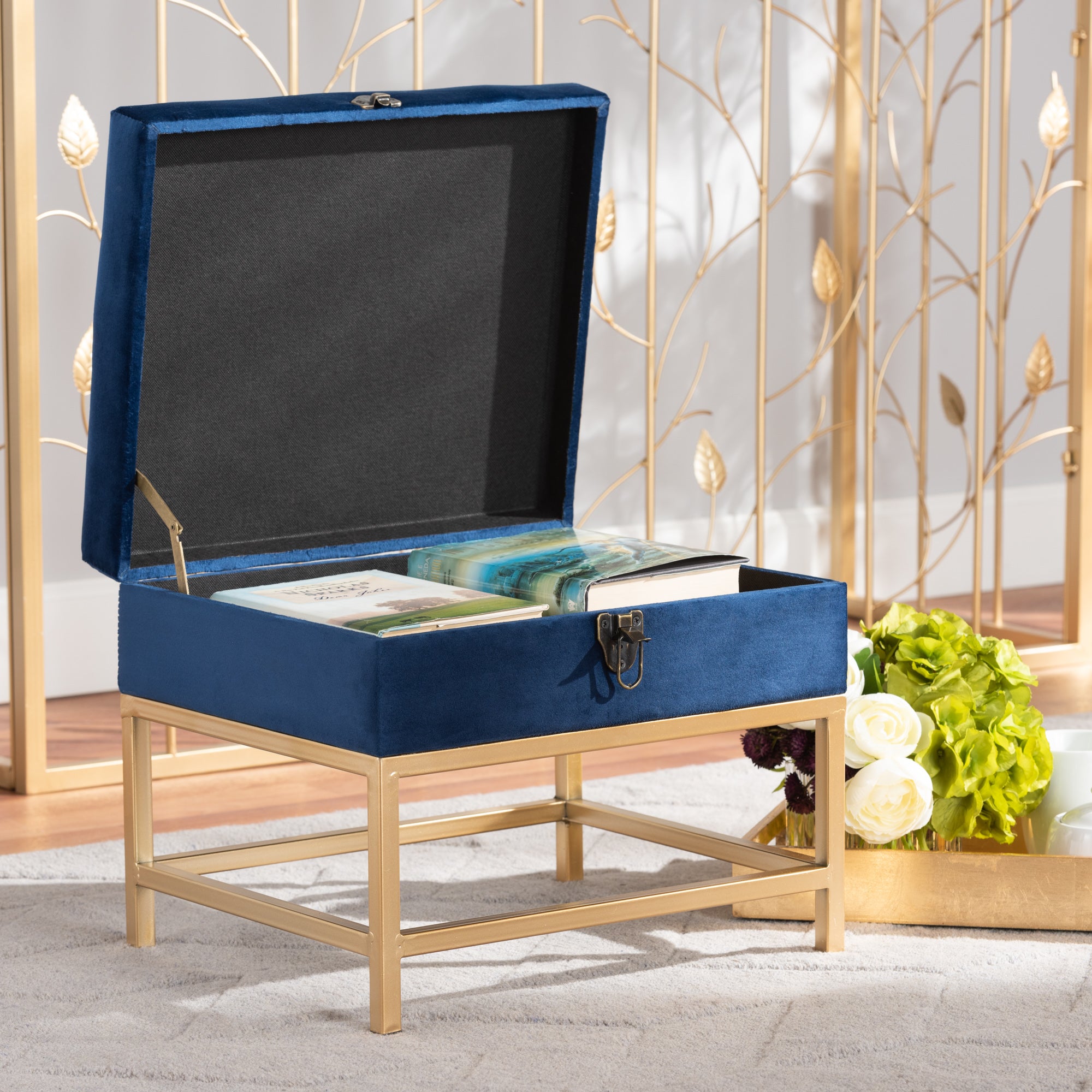Aliana and Navy Blue Velvet Fabric Upholstered and Gold Finished Metal Small Storage Ottoman