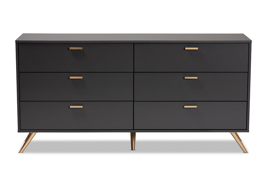 Kelson Modern and Contemporary Dark Grey and Gold Finished Wood 6-Drawer Dresser