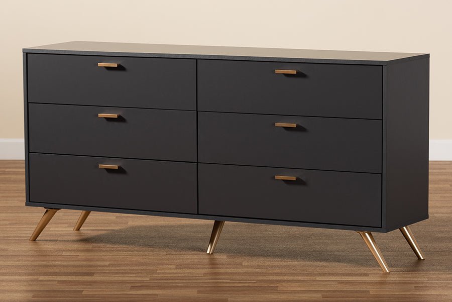 Kelson Modern and Contemporary Dark Grey and Gold Finished Wood 6-Drawer Dresser