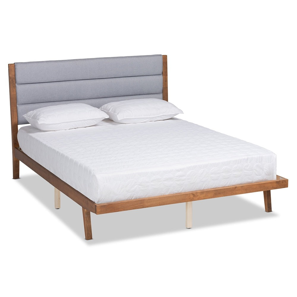 Grey Fabric And Walnut Brown Finished Wood Queen Size Platform Bed