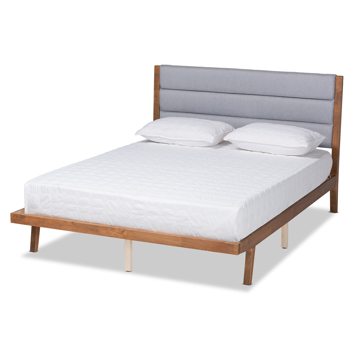 Grey Fabric And Walnut Brown Finished Wood Queen Size Platform Bed