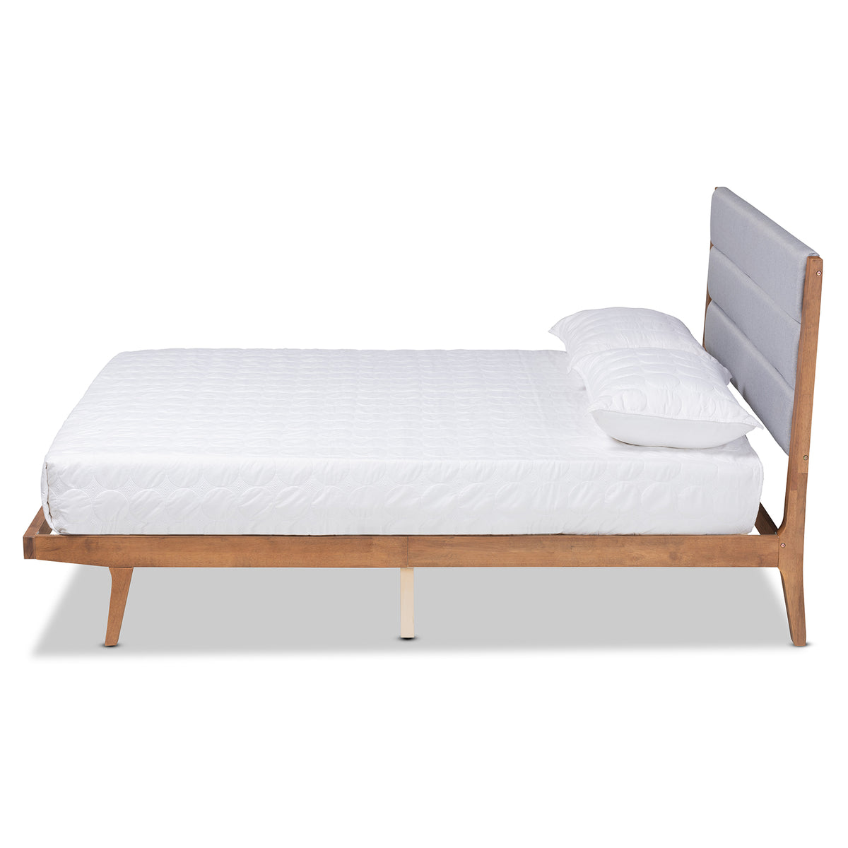 Grey Fabric Upholstered And Walnut Brown Finished Wood Full Size Platform Bed