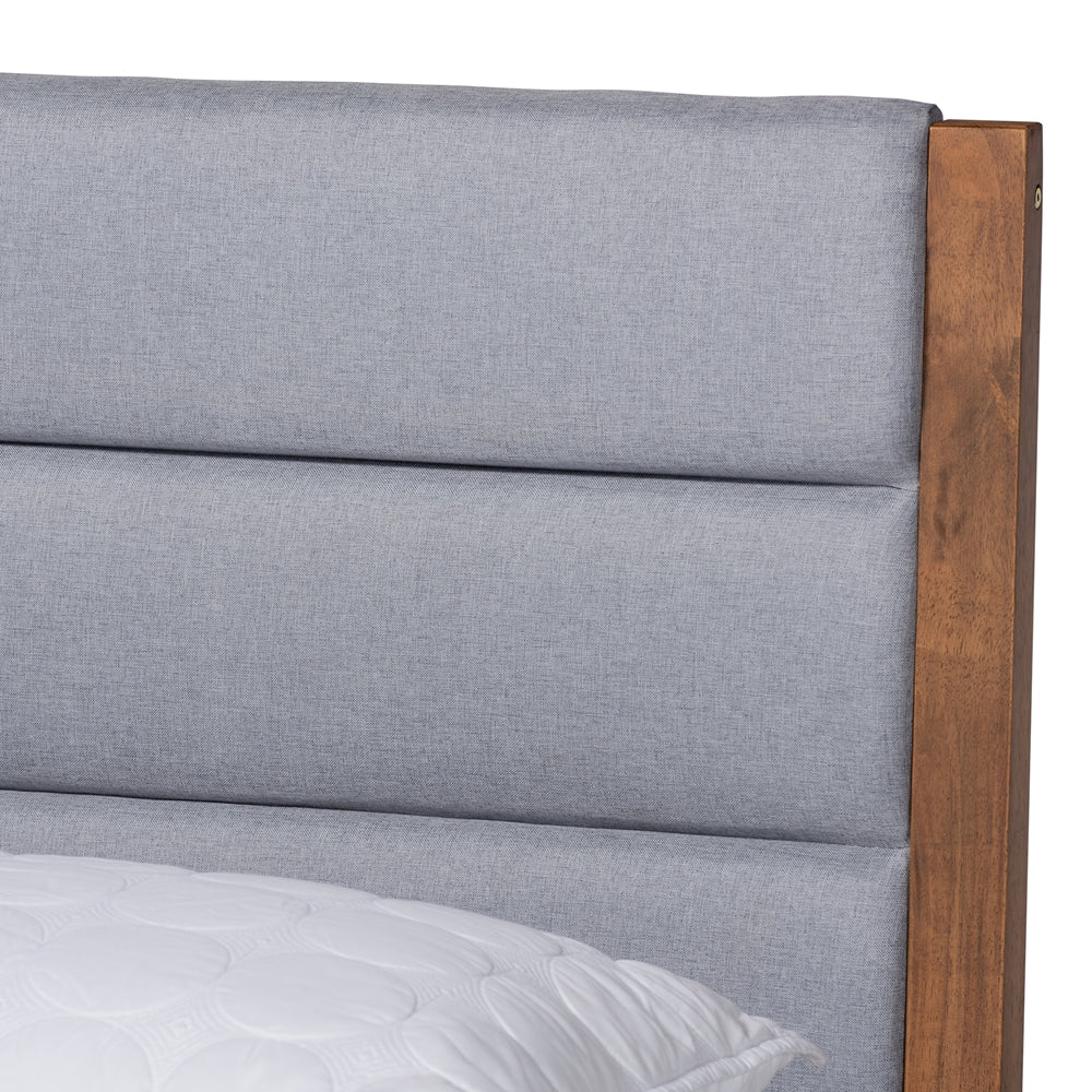 Grey Fabric And Walnut Brown Finished Wood Queen Size Platform Bed