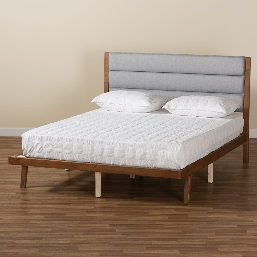 Grey Fabric And Walnut Brown Finished Wood Queen Size Platform Bed