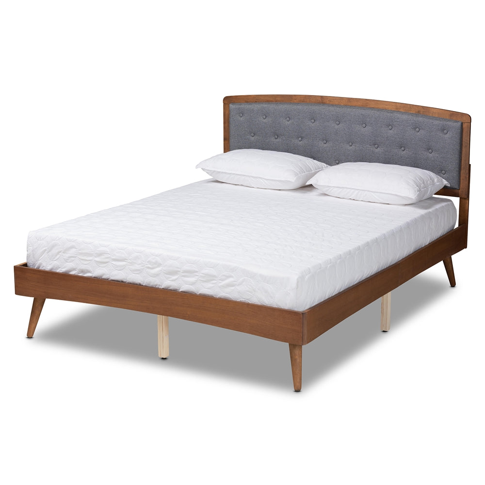 Annabelle King Fabric Upholstered Platform Bed – Button Tufted Grey Headboard Walnut Frame