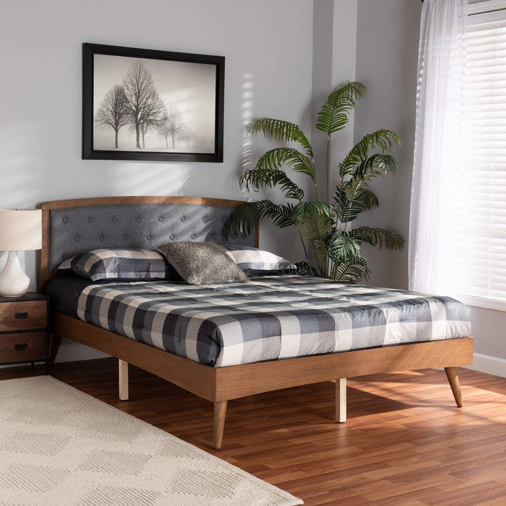Annabelle King Fabric Upholstered Platform Bed – Button Tufted Grey Headboard Walnut Frame