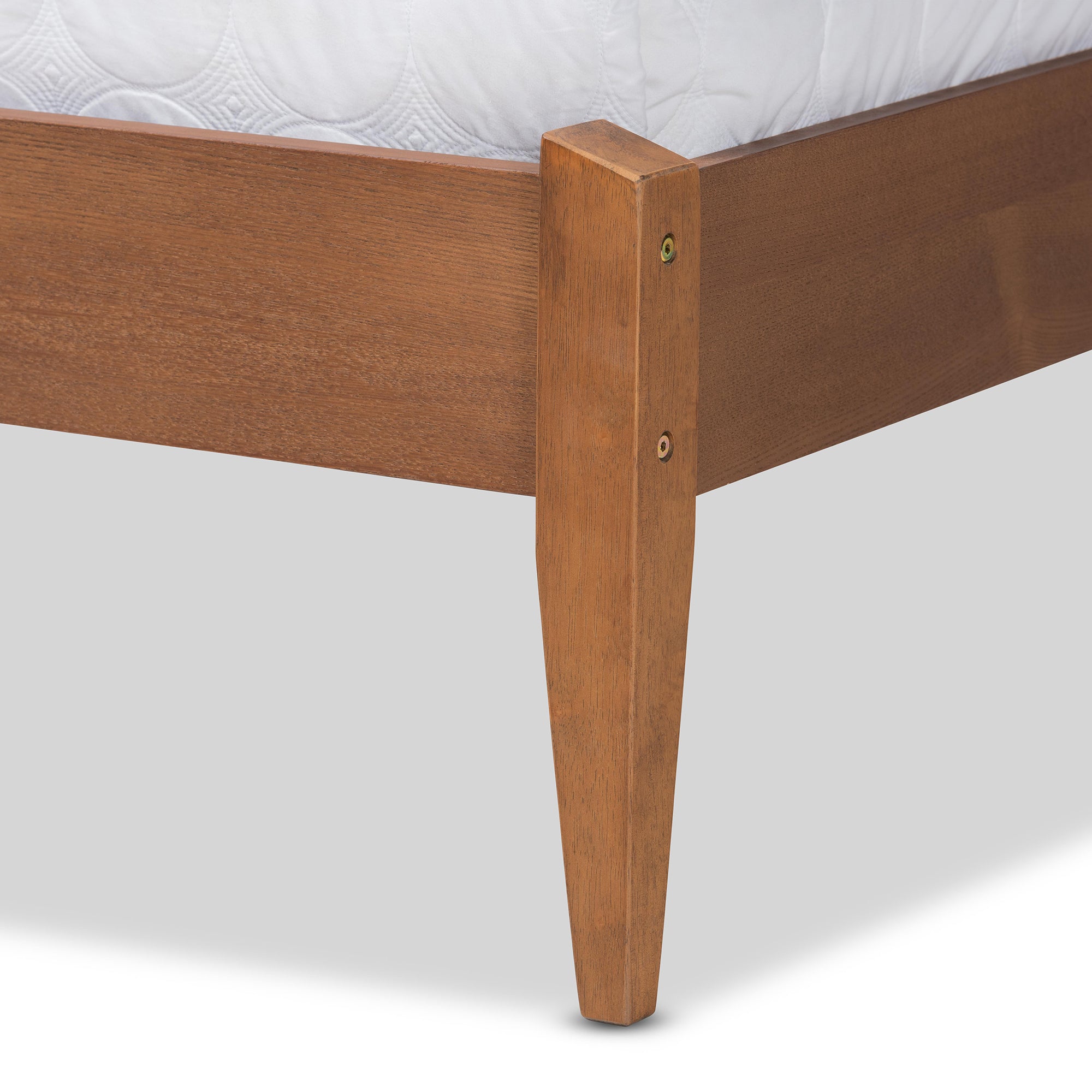 Beige Fabric And Walnut Brown Finished Wood Queen Size Platform Bed
