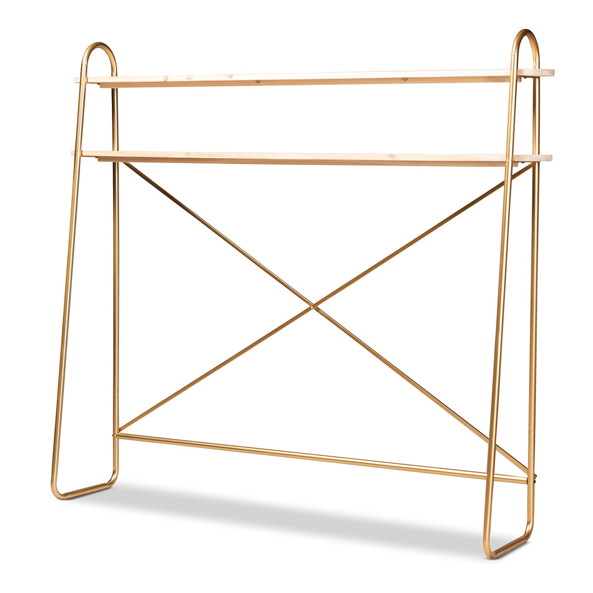 Merida and Brushed Gold Finished Metal and Natural Brown Finished Wood 2-Tier Over Bed Queen Size Storage Display Shelf