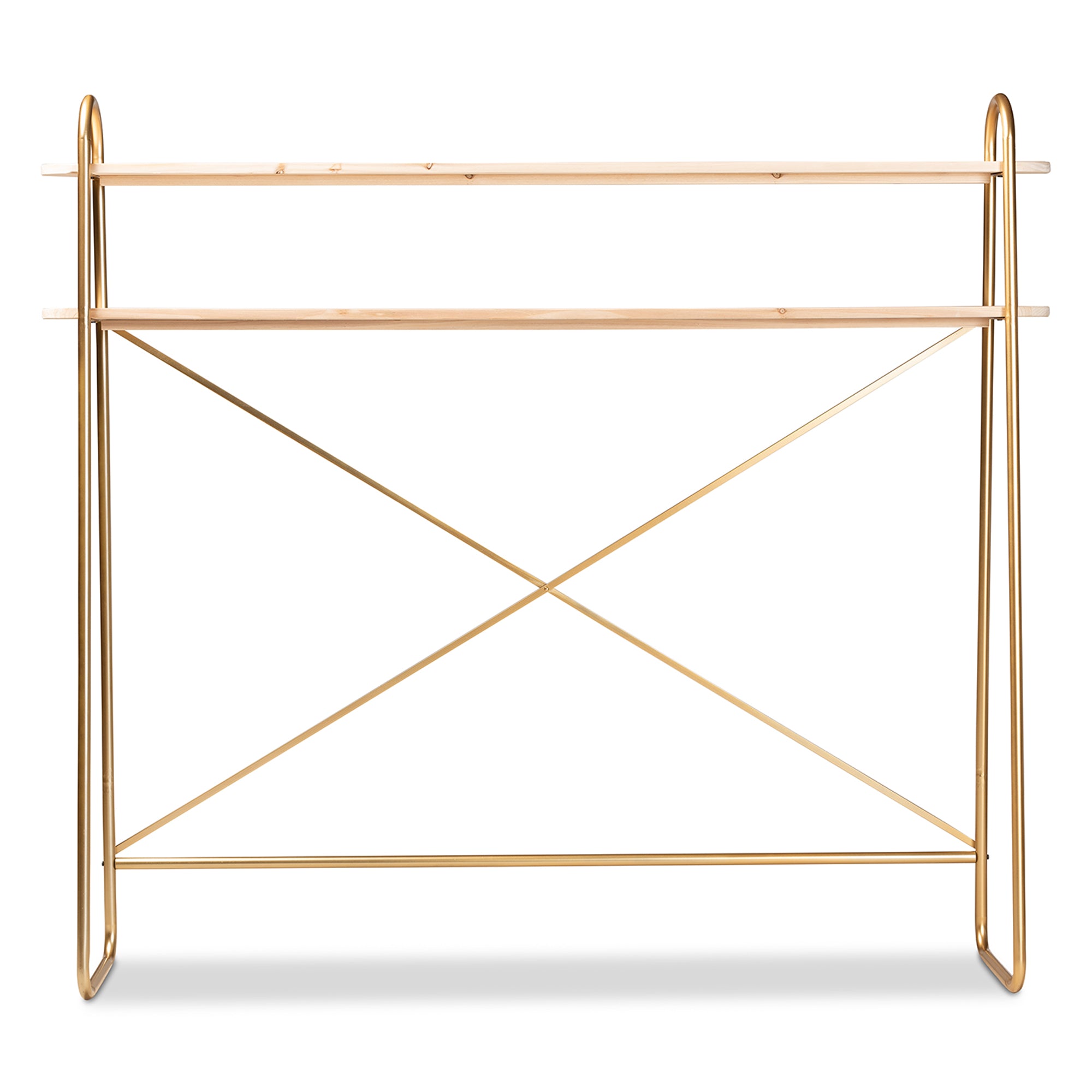Merida and Brushed Gold Finished Metal and Natural Brown Finished Wood 2-Tier Over Bed Queen Size Storage Display Shelf