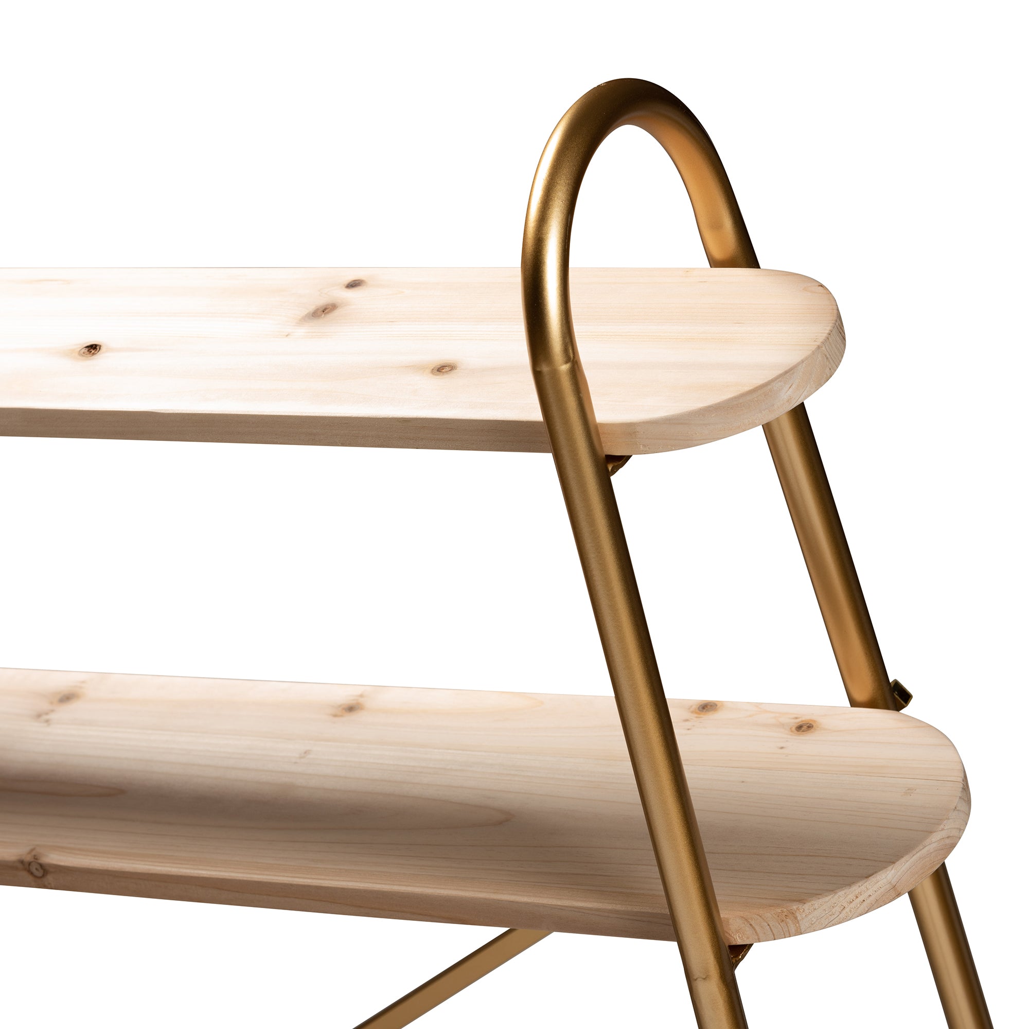 Merida and Brushed Gold Finished Metal and Natural Brown Finished Wood 2-Tier Over Bed Queen Size Storage Display Shelf