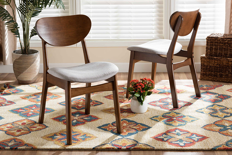 Katya Mid-Century Modern Grey Fabric Upholstered and Walnut Brown Finished Wood 2-Piece Dining Chair Set