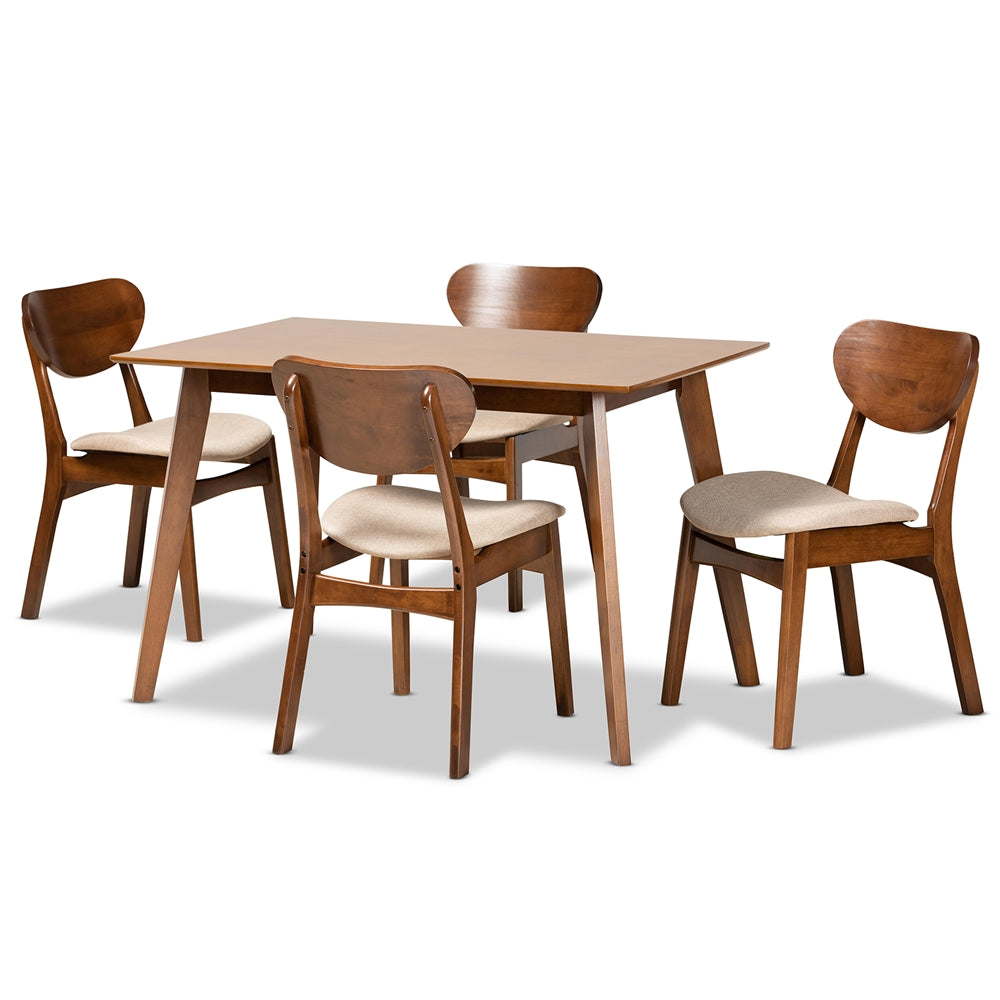Katya Mid-Century Modern Sand Fabric Upholstered and Walnut Brown Finished Wood 5-Piece Dining Set