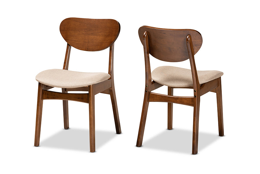 Katya Mid-Century Modern Sand Fabric Upholstered and Walnut Brown Finished Wood 2-Piece Dining Chair Set