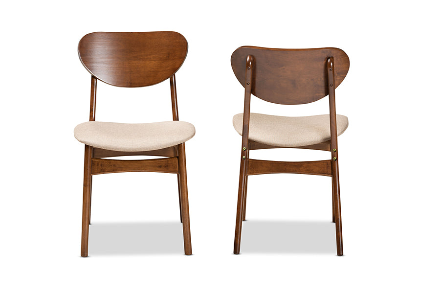 Katya Mid-Century Modern Sand Fabric Upholstered and Walnut Brown Finished Wood 2-Piece Dining Chair Set