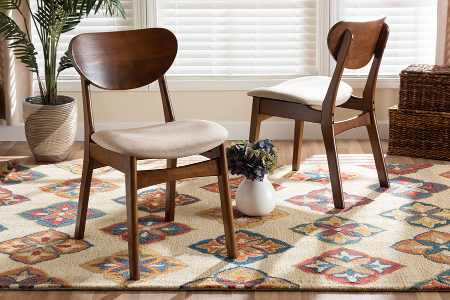 Katya Mid-Century Modern Sand Fabric Upholstered and Walnut Brown Finished Wood 2-Piece Dining Chair Set