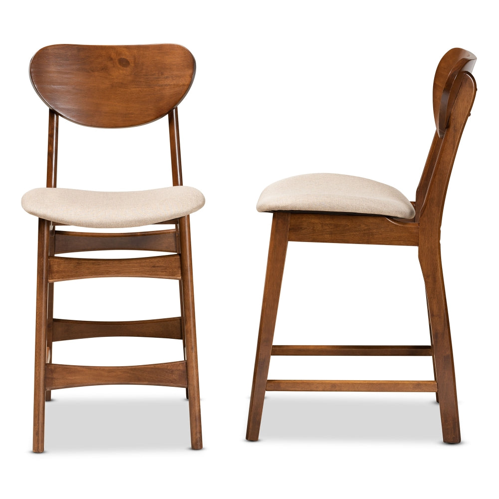 Katya Mid-Century Modern Sand Fabric Upholstered and Walnut Brown Finished Wood 2-Piece Counter Stool Set