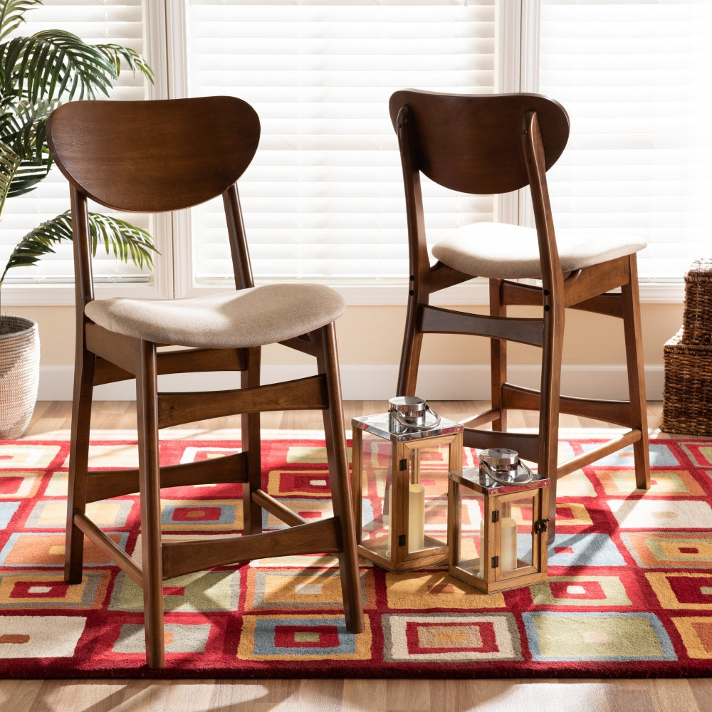 Katya Mid-Century Modern Sand Fabric Upholstered and Walnut Brown Finished Wood 2-Piece Counter Stool Set