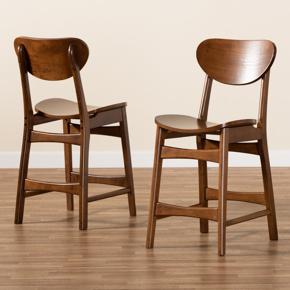 Katya Mid-Century Modern Walnut Brown Finished Wood 2-Piece Counter Stool Set