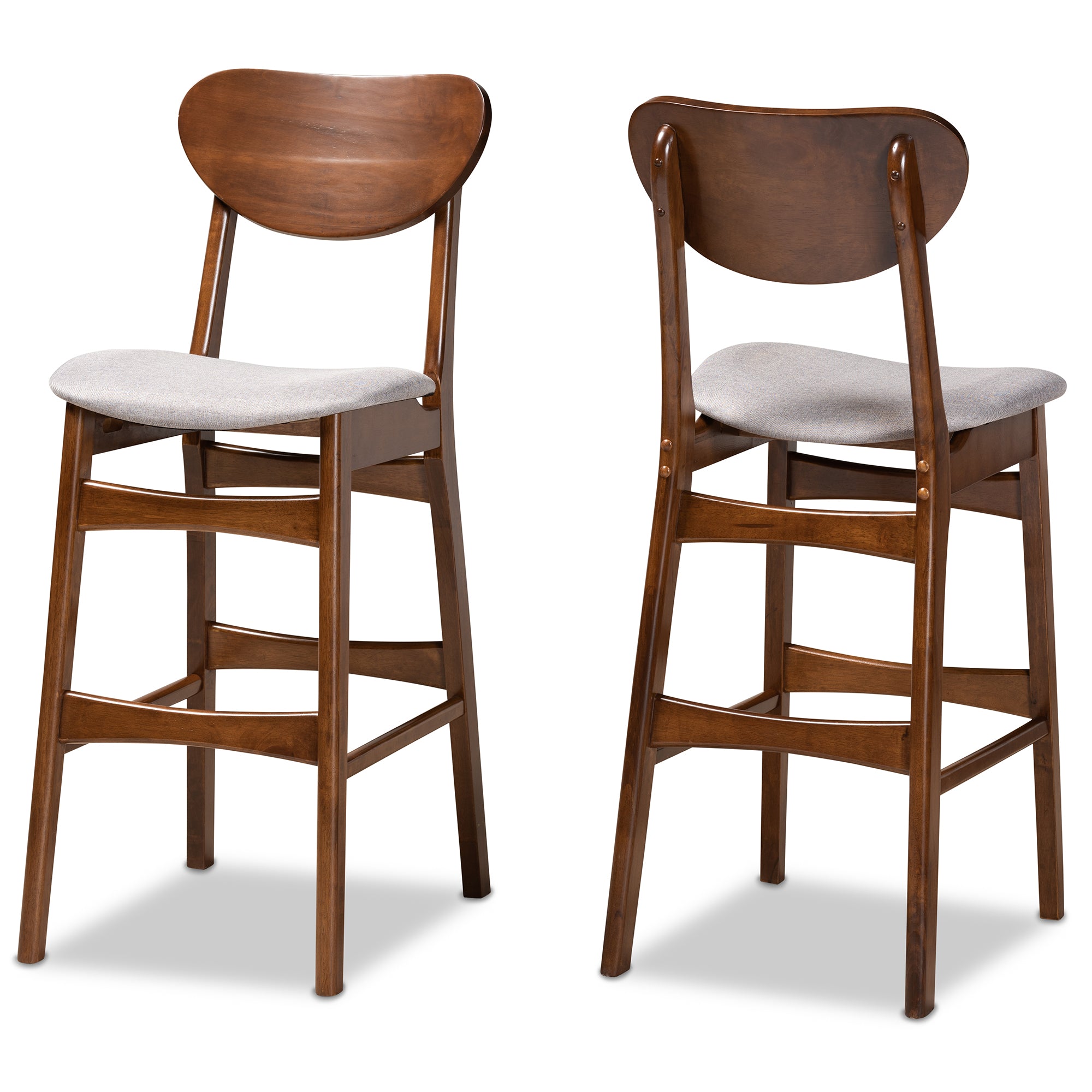 Katya Mid-Century Modern Grey Fabric Upholstered and Walnut Brown Finished Wood 2-Piece Bar Stool Set