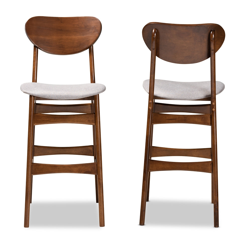 Katya Mid-Century Modern Grey Fabric Upholstered and Walnut Brown Finished Wood 2-Piece Bar Stool Set