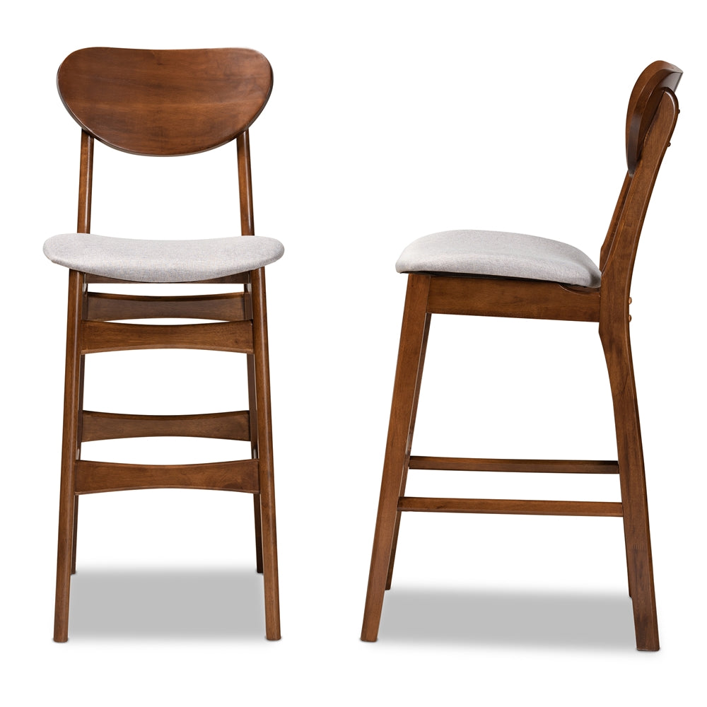 Katya Mid-Century Modern Grey Fabric Upholstered and Walnut Brown Finished Wood 2-Piece Bar Stool Set