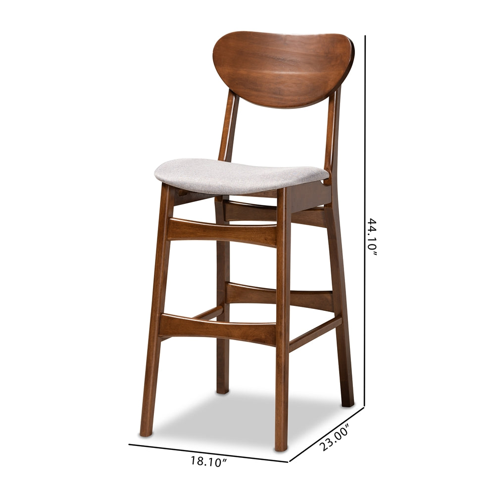 Katya Mid-Century Modern Grey Fabric Upholstered and Walnut Brown Finished Wood 2-Piece Bar Stool Set