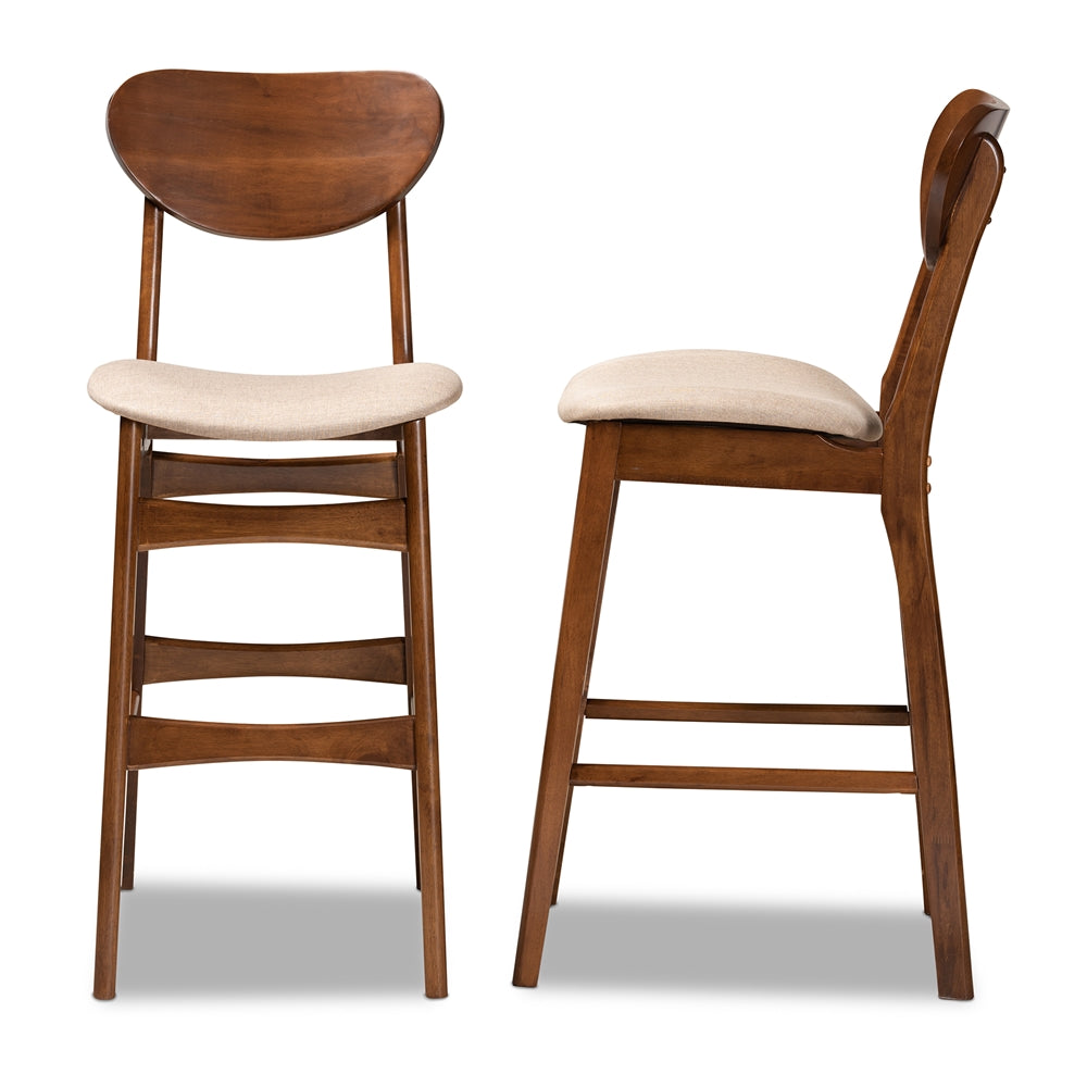 Katya Mid-Century Modern Sand Fabric Upholstered and Walnut Brown Finished Wood 2-Piece Bar Stool Set