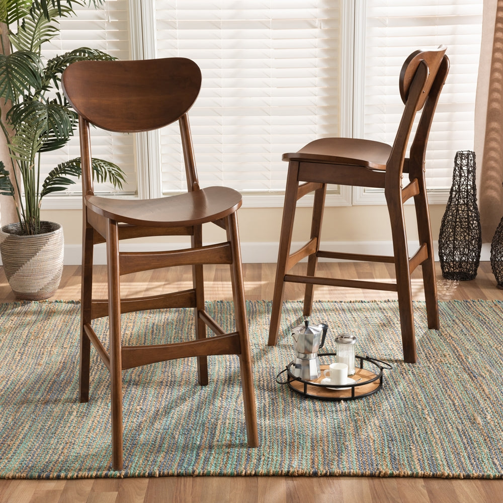 Katya Mid-Century Modern Walnut Brown Finished Wood 2-Piece Bar Stool Set