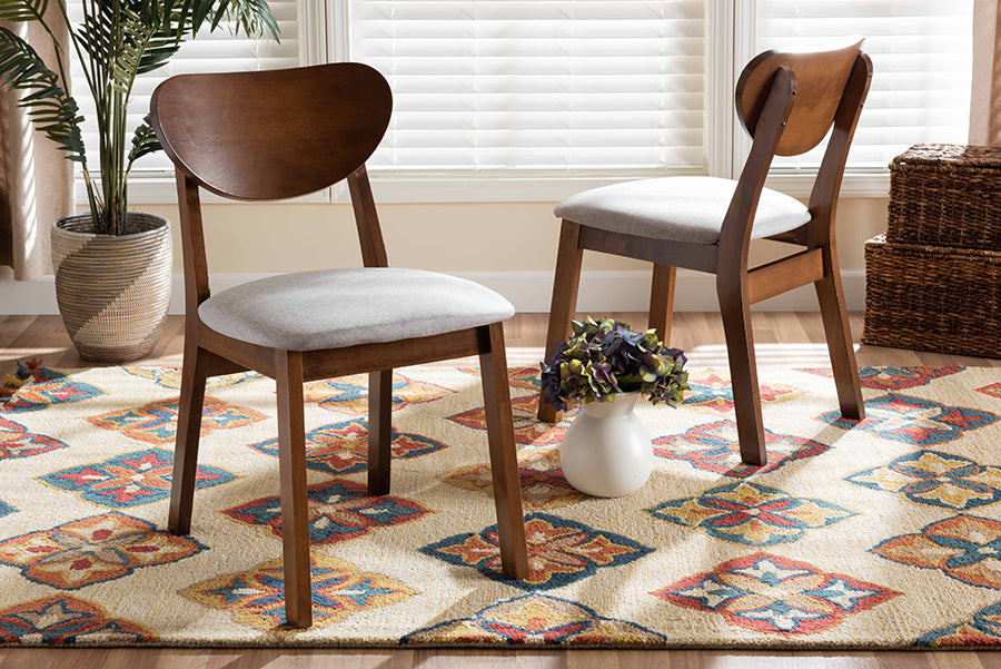 Damara Mid-Century Modern Grey Fabric Upholstered and Walnut Brown Finished Wood 2-Piece Dining Chair Set