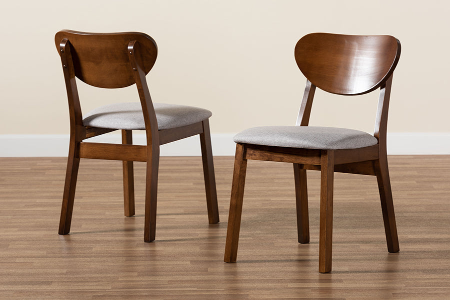 Damara Mid-Century Modern Grey Fabric Upholstered and Walnut Brown Finished Wood 2-Piece Dining Chair Set