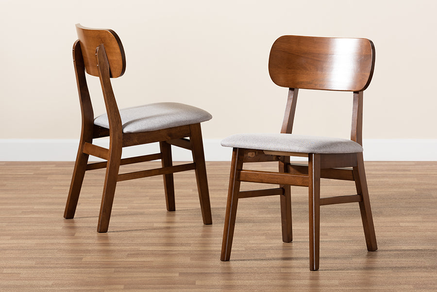 Euclid Mid-Century Modern Grey Fabric Upholstered and Walnut Brown Finished Wood 2-Piece Dining Chair Set