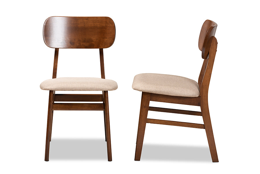Euclid Mid-Century Modern Sand Fabric Upholstered and Walnut Brown Finished Wood 2-Piece Dining Chair Set
