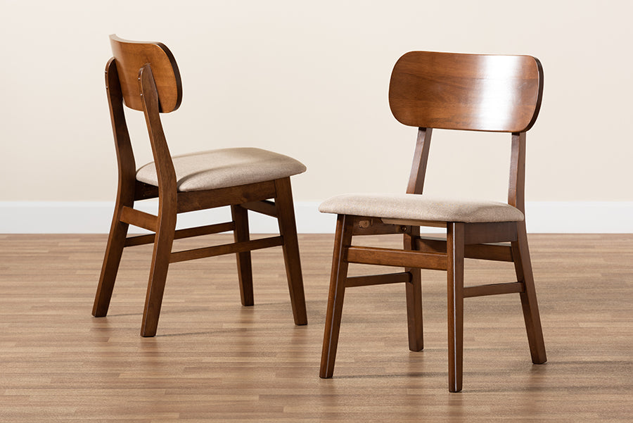 Euclid Mid-Century Modern Sand Fabric Upholstered and Walnut Brown Finished Wood 2-Piece Dining Chair Set