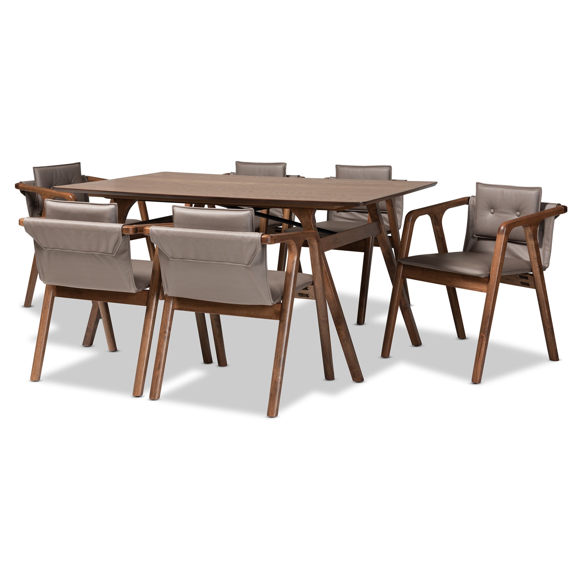 Marcena Mid-Century Modern Grey Imitation Leather Upholstered and Walnut Brown Finished Wood 7-Piece Dining Set
