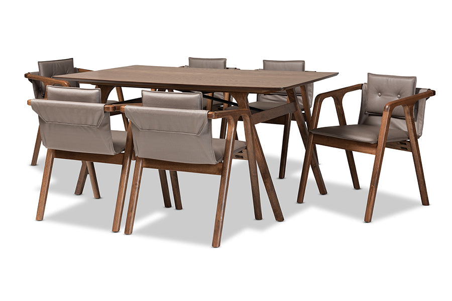 Marcena Mid-Century Modern Grey Imitation Leather Upholstered and Walnut Brown Finished Wood 7-Piece Dining Set