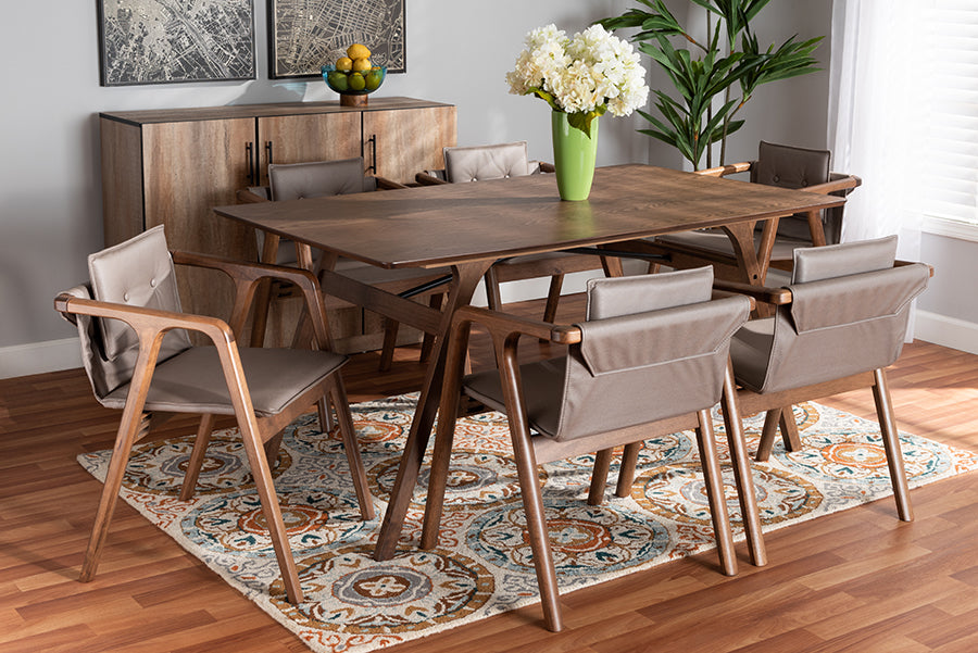 Marcena Mid-Century Modern Grey Imitation Leather Upholstered and Walnut Brown Finished Wood 7-Piece Dining Set