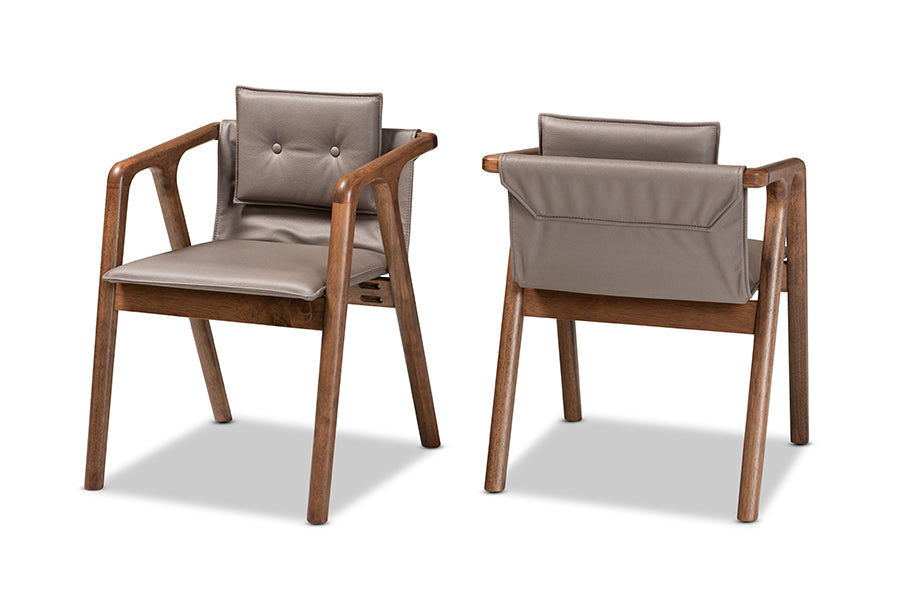 Marcena Mid-Century Modern Grey Imitation Leather Upholstered and Walnut Brown Finished Wood 2-Piece Dining Chair Set